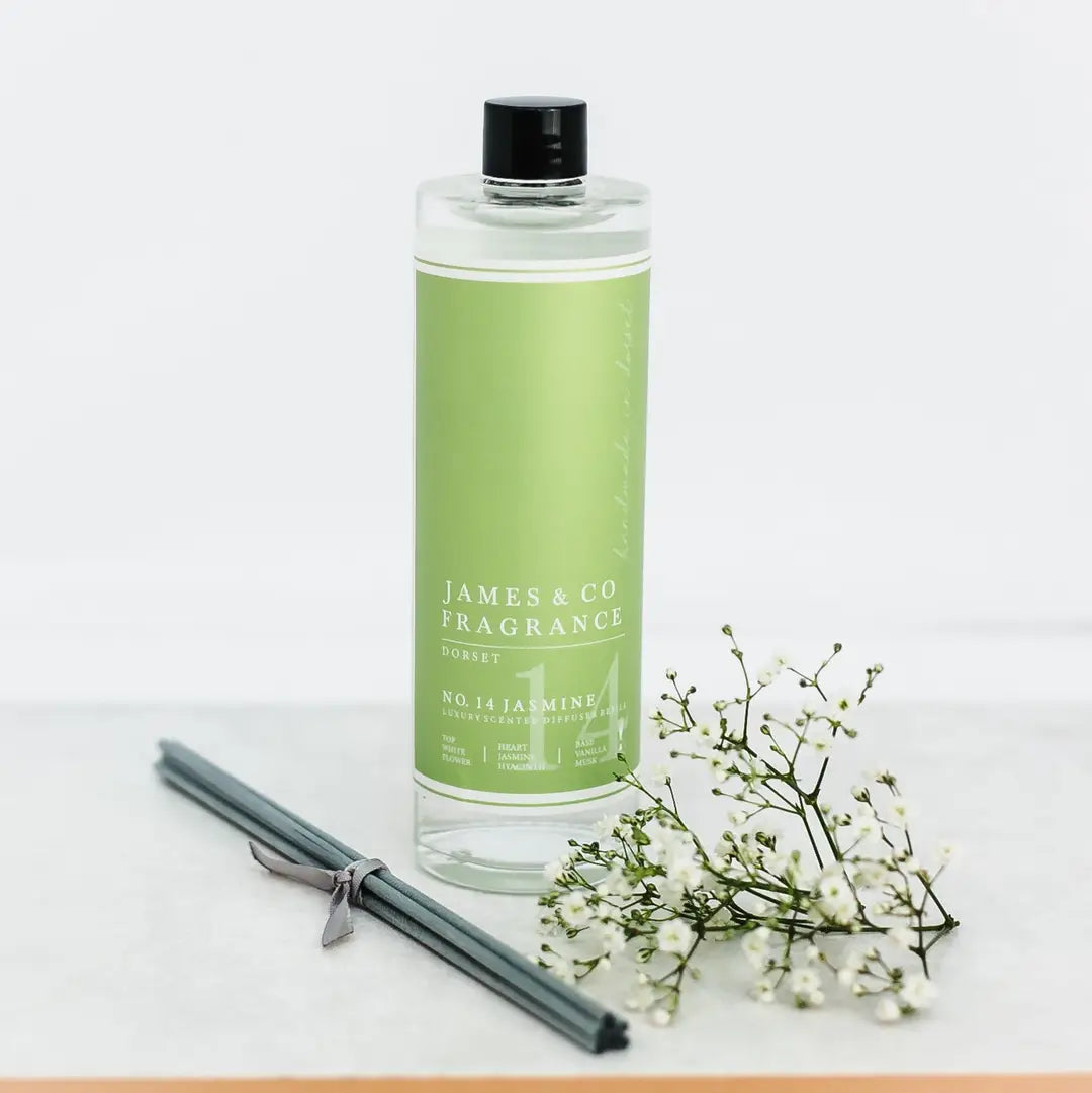 No.14 Jasmine diffuser refill 200ml with reeds for a fresh floral home fragrance.