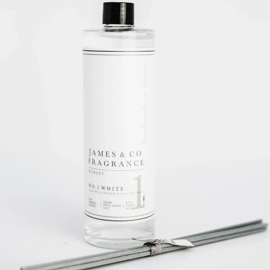 James & Co No1 White scented diffuser refill bottle with marine, petit grain, and musk fragrance.