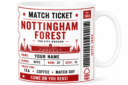 Mug with Nottingham Forest FC match ticket design on a white background