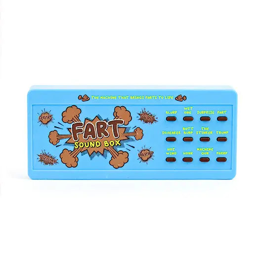 Novelty Funny Fart Sound Box Toy with multiple comical sound options on a blue gadget.