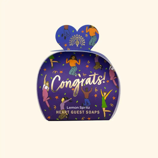 Lemon Spritz Congrats heart-shaped guest soaps in festive packaging.