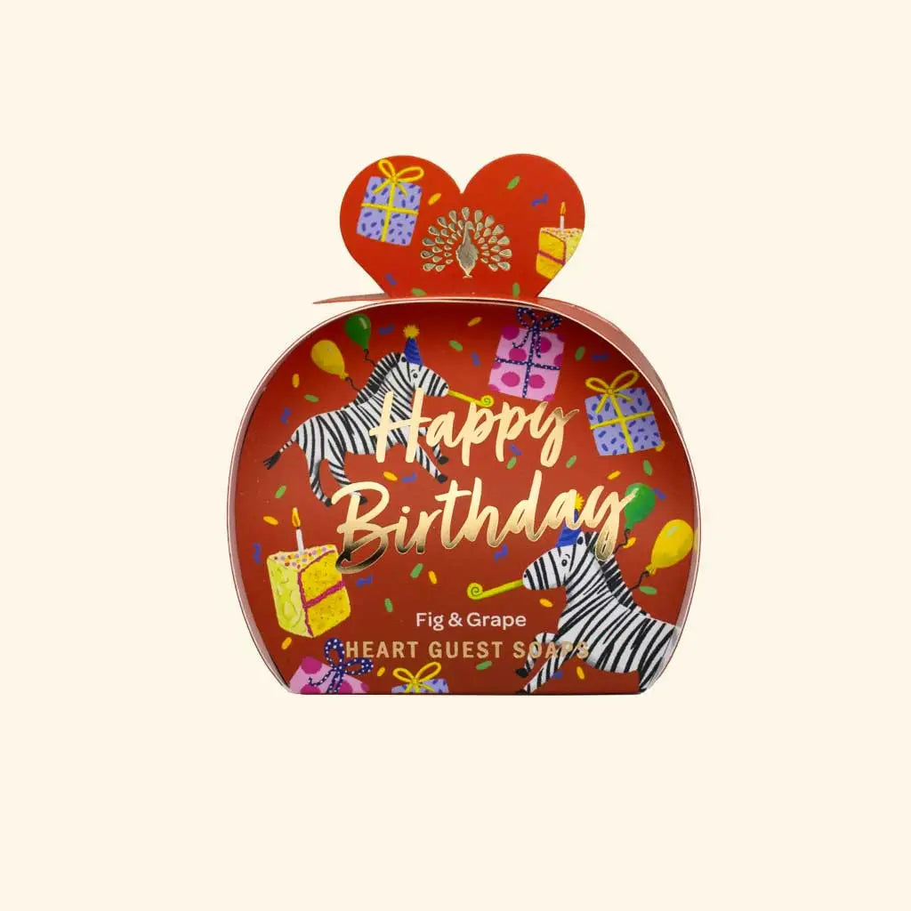 Occasions Happy Birthday Soap with Fig & Grape scent in festive packaging featuring zebras and gifts.