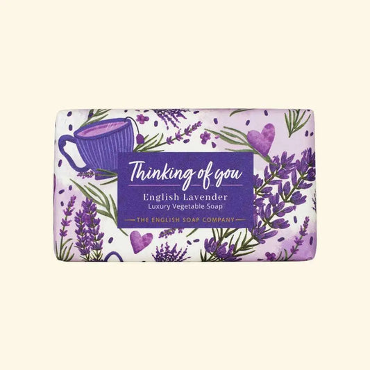Occasions English Lavender luxury vegan soap with lavender flowers, tea cups, and hearts design.