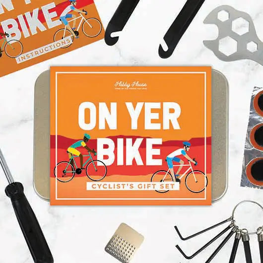 On Yer Bike cyclists gift set with tools and instruction booklet.
