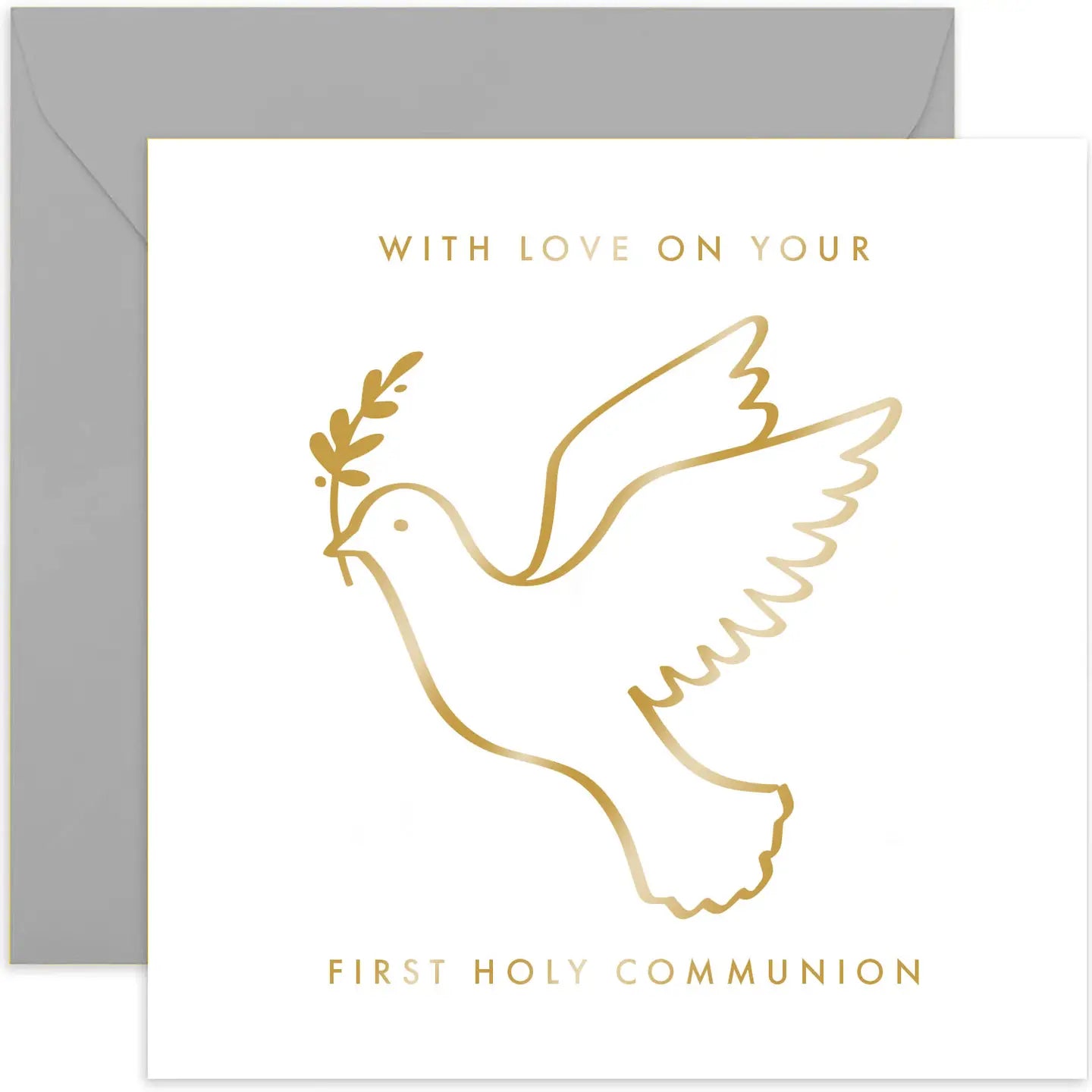 With Love on Your First Holy Communion card with dove design and silver envelope.