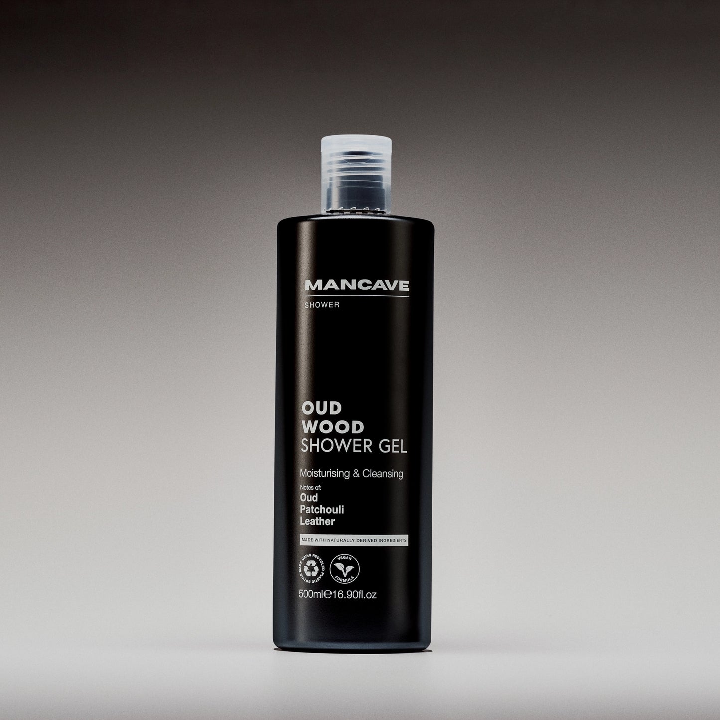 Black Mancave Oud Wood Shower Gel bottle with oud, patchouli and leather fragrance notes