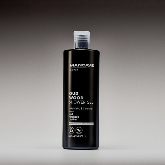 Black Mancave Oud Wood Shower Gel bottle with oud, patchouli and leather fragrance notes