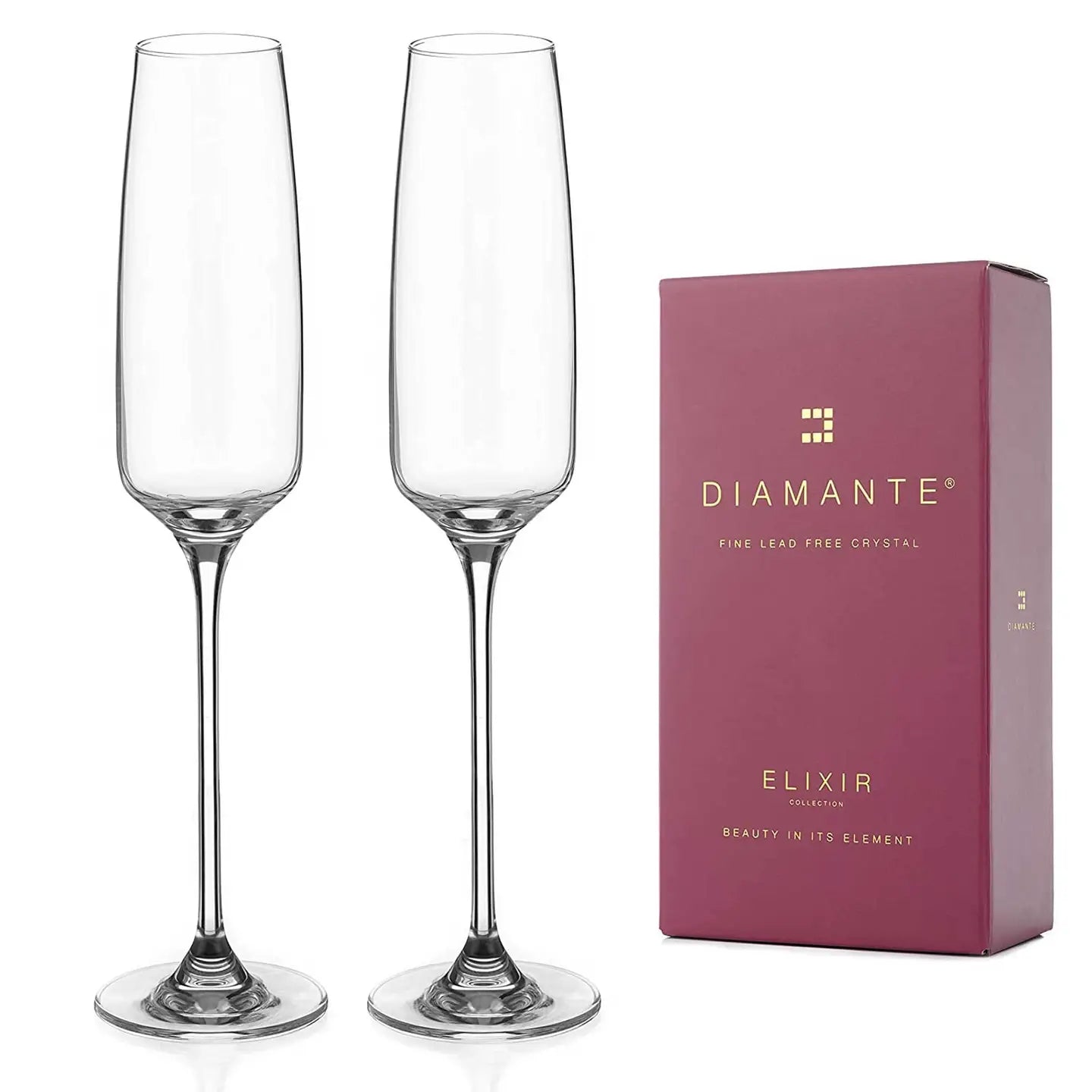Crystal champagne flutes in luxury gift box, elegant and ultra-clear lead-free design.