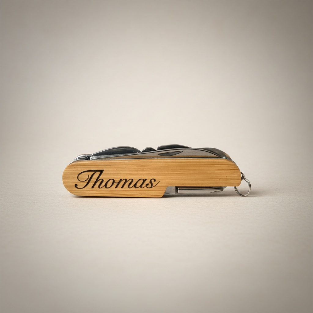 Wooden multi-tool with 'Thomas' engraving on a beige background