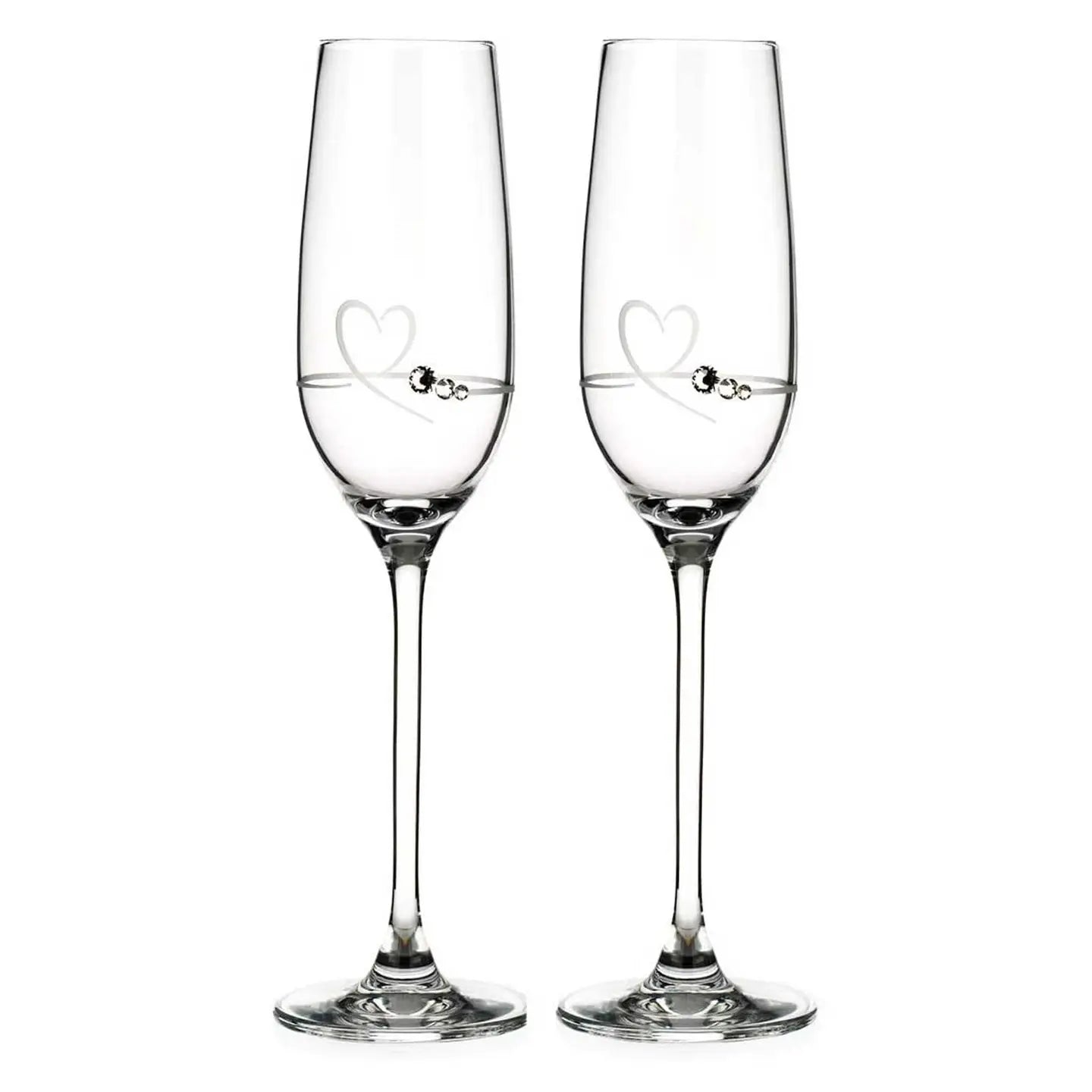 Petit Heart Champagne flutes with Swarovski crystal detailing, elegant glassware set for celebrations or gifting.