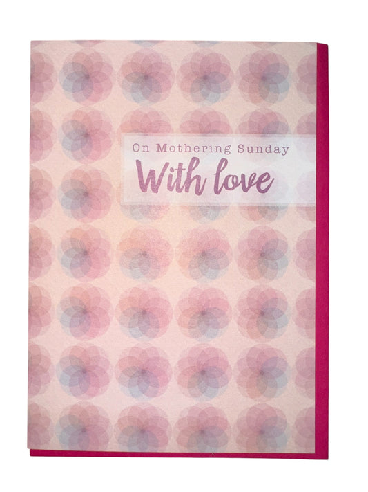 Mothering Sunday card with pastel floral patterns and pink envelope.