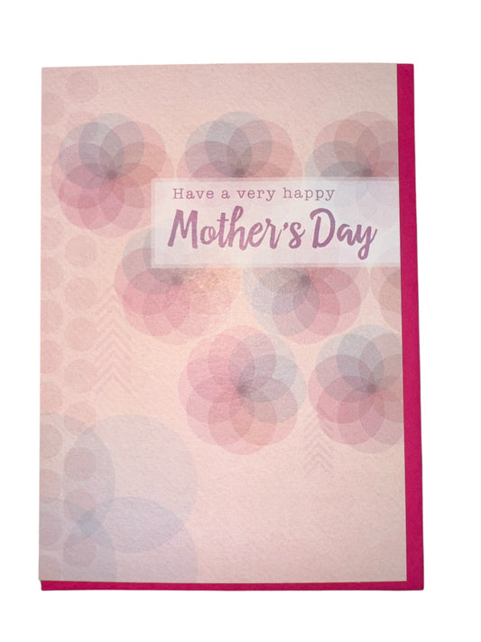 Mother's Day card with floral kaleidoscope patterns in pastels and a pink envelope.