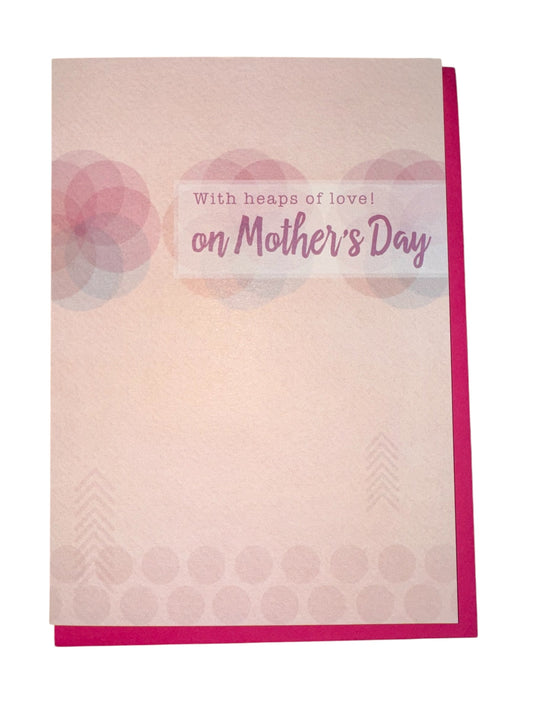 Heaps of Love Mother's Day card with floral pastel patterns and pink envelope.