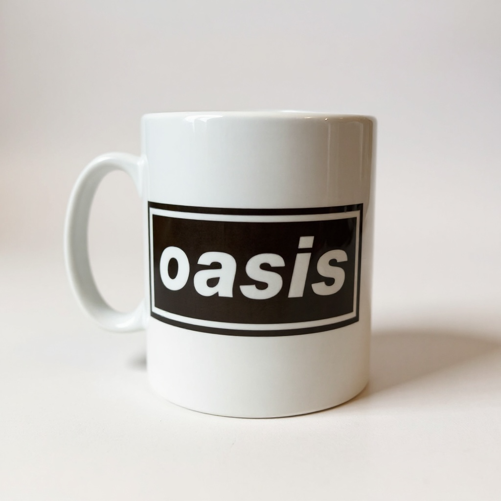 White mug with 'oasis' logo on a white background