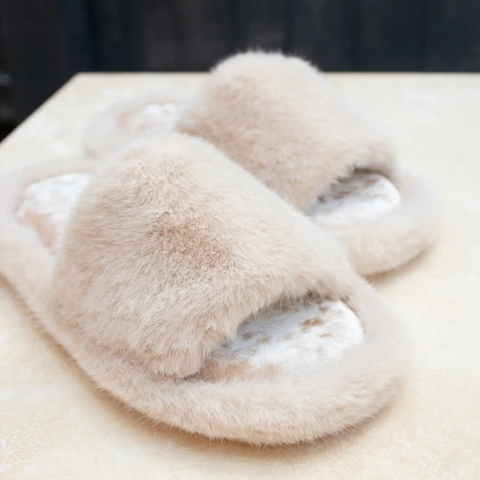Taupe plain fluffy faux fur slippers, soft and plush for cozy indoor wear