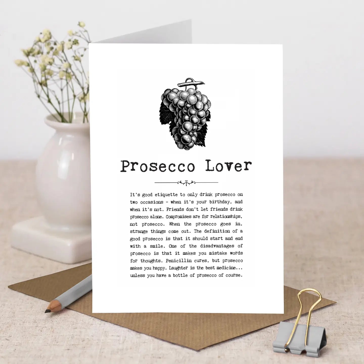Prosecco Lover Card with vintage grape illustration and humorous quotes.