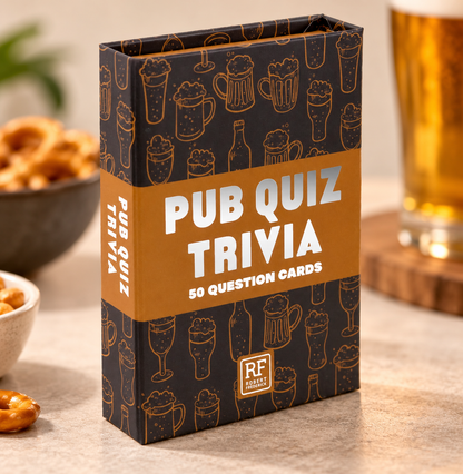 Pub Quiz Trivia Cards with 500 questions on 50 double-sided cards. A fun gift for quiz fans, games nights, stocking fillers and Secret Santa.