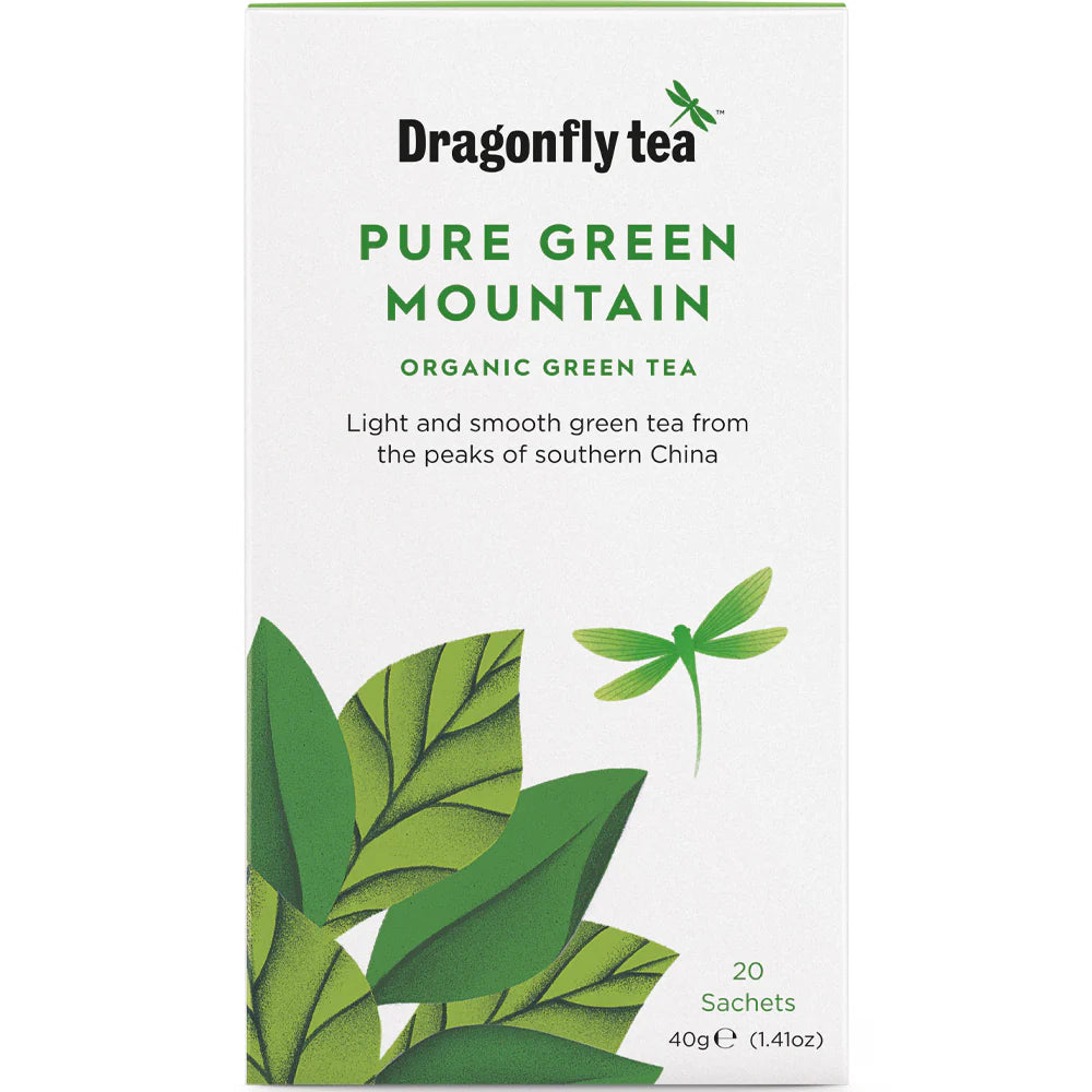 Pure Green Mountain Organic Green Tea packaging with premium organic green tea leaves.