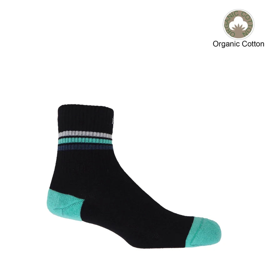 Soft and comfortable quarter crew men's organic black sport socks with cushioned sole and ribbed arch bands.