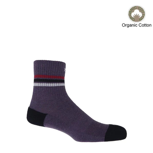 Soft and comfortable quarter crew men's mauve organic sport socks with ribbed arch bands and cushioned sole.