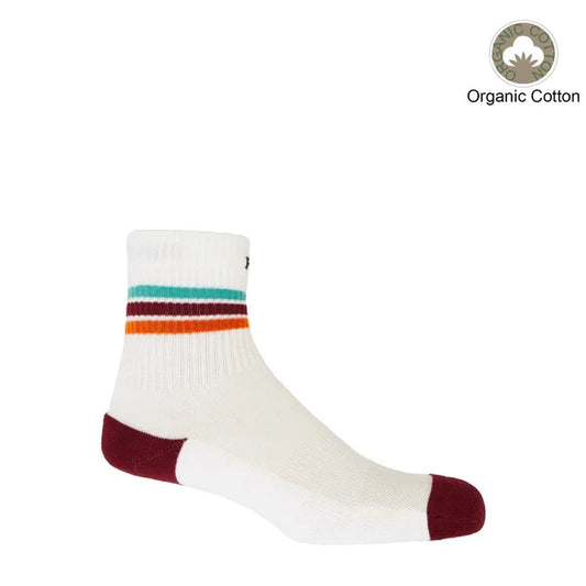 Soft & Comfortable Quarter Crew Men's Organic White Sport Socks with cushioned sole and ribbed arch bands.
