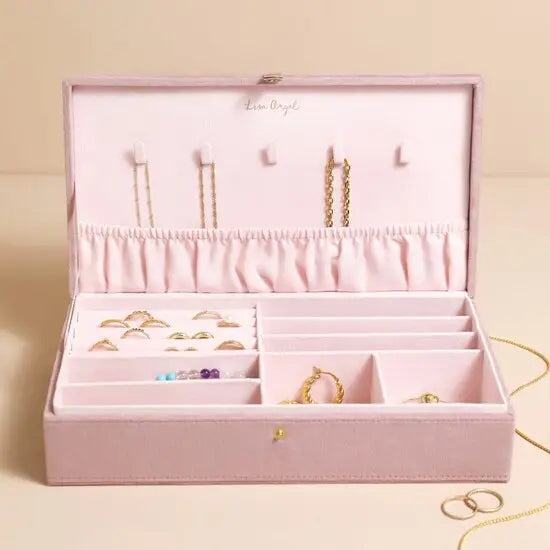 Quilted Velvet Large Jewellery Box in Pink with necklace hangers and various storage sections.