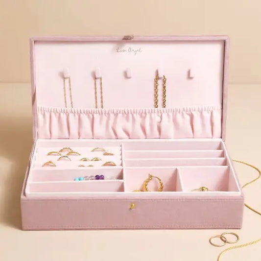 Quilted Velvet Large Jewellery Box in Pink with necklace hangers and various storage sections.