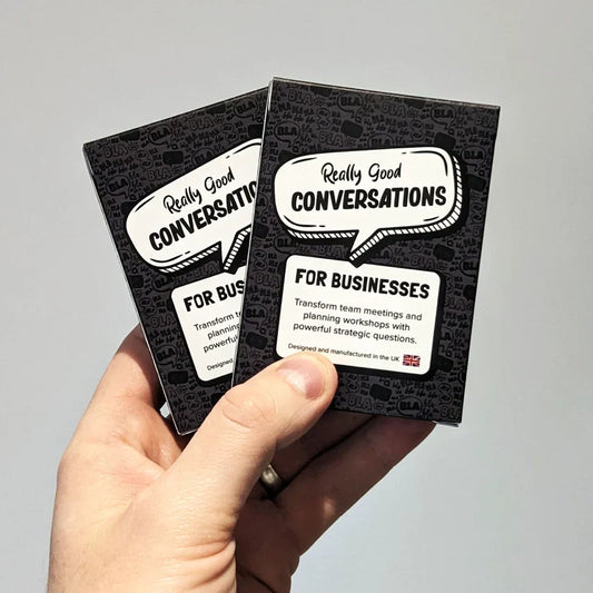 Trivia card game for businesses fostering innovation and strategic thinking, titled "Really Good Conversations."