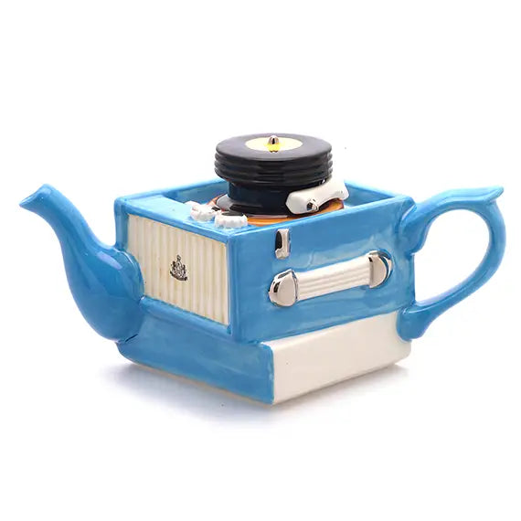 Collectable blue record player design teapot, handcrafted in Britain.