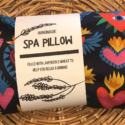 Retro Hearts Heatable Lavender and Wheat Spa Pillow with colorful cotton cover.