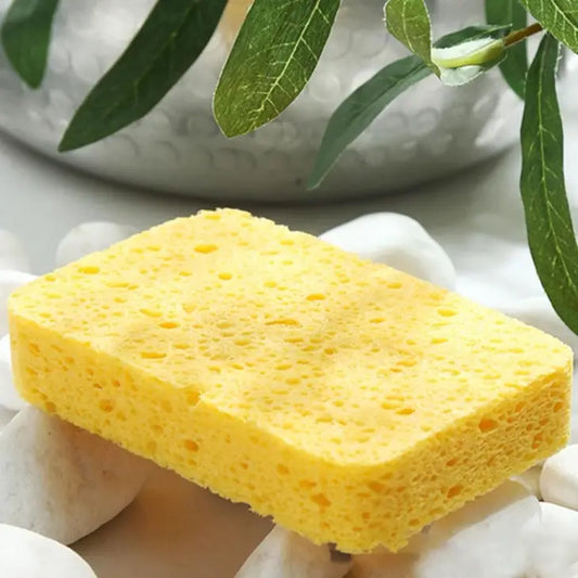Reusable compostable yellow sponge made from plant-based materials.