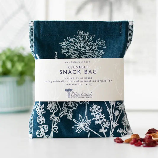 Reusable snack bag made from linen with waterproof lining, eco-friendly alternative to plastic.