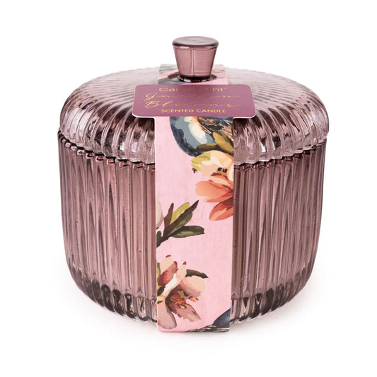 Garden Plum ribbed glass jar candle with lid, offering a fruity and elegant scent.