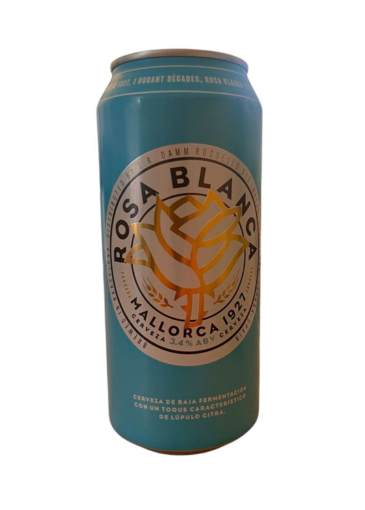 Rosa Blanca Lager beer can with logo and text, traditional lager ingredients.