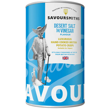 SavourSmiths gourmet hand-cooked crisps with British potatoes in cheddar and shallot, salt and vinegar, and salt and black pepper flavours.
