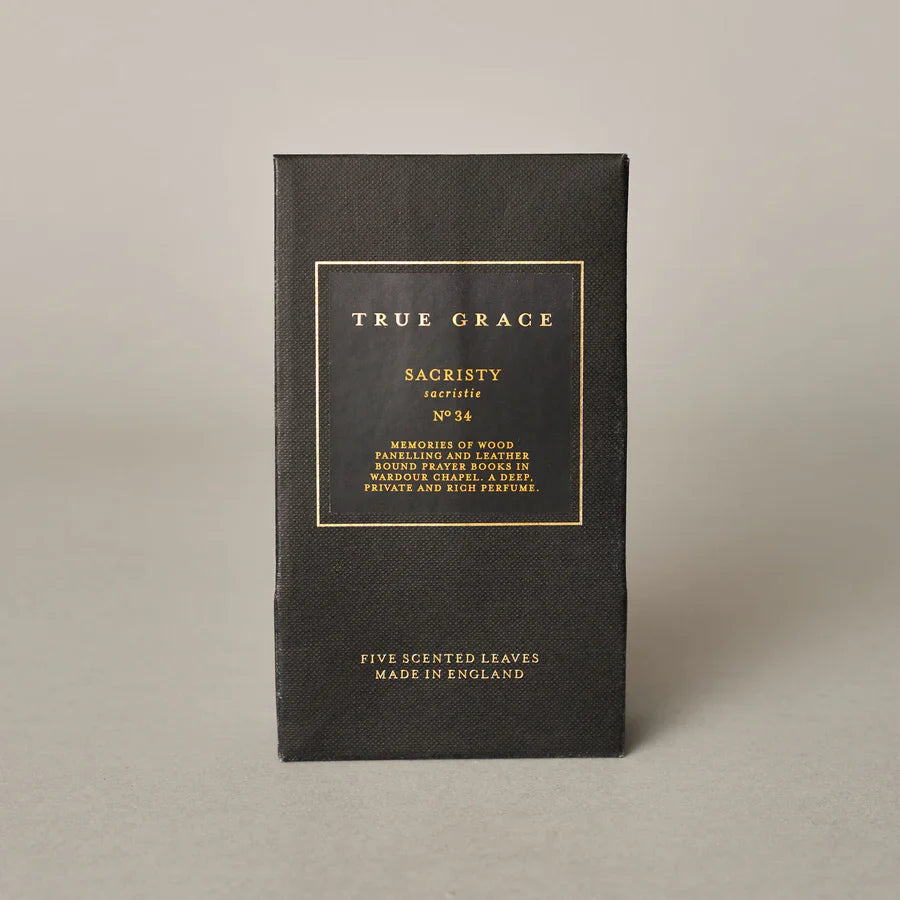 Sacristy Scented Leaves packaging displaying fragrance details and product name.
