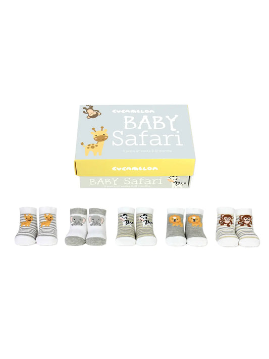 Safari Baby Socks displayed with baby animal designs and a gift box.
