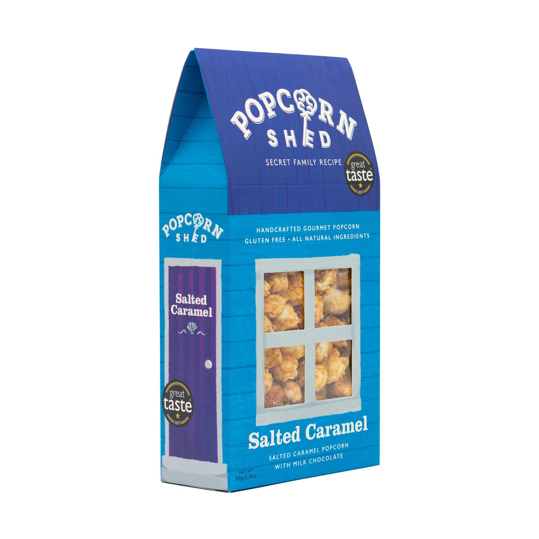 Salted Caramel Popcorn Shed package with gourmet popcorn.