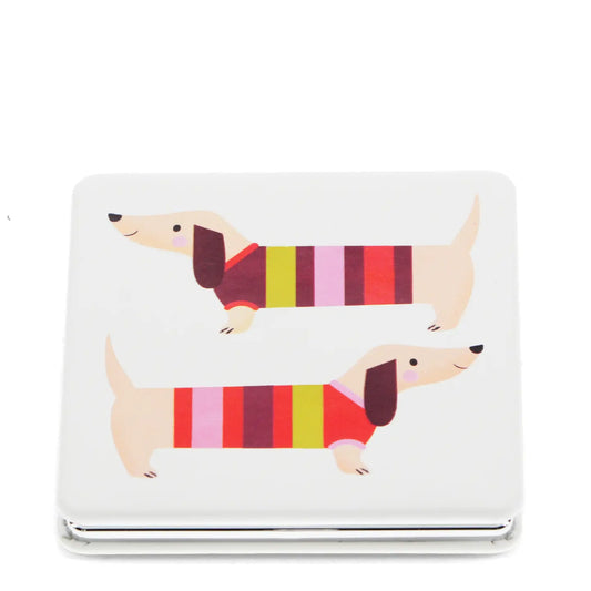 Sausage Dog Square Pocket Mirror with colorful dachshund design on white background.