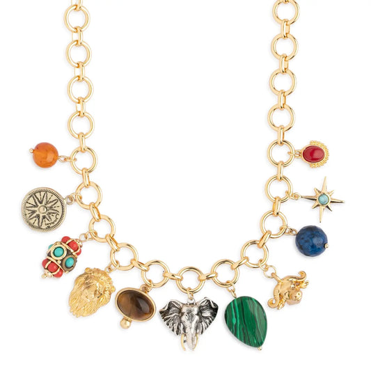 Bill Skinner Animal Head Charm Necklace featuring a menagerie of crafted animal heads with colourful gemstones and crystals on a gleaming chain.