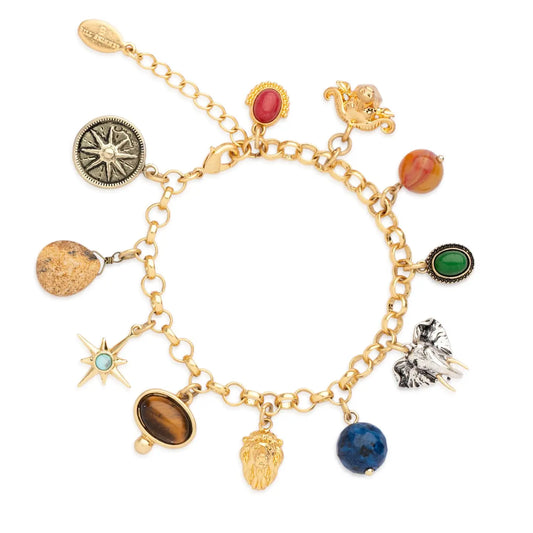 Bill Skinner Animal Head Charm Bracelet featuring a menagerie of crafted animal heads with gemstones and crystals on a gleaming chain.