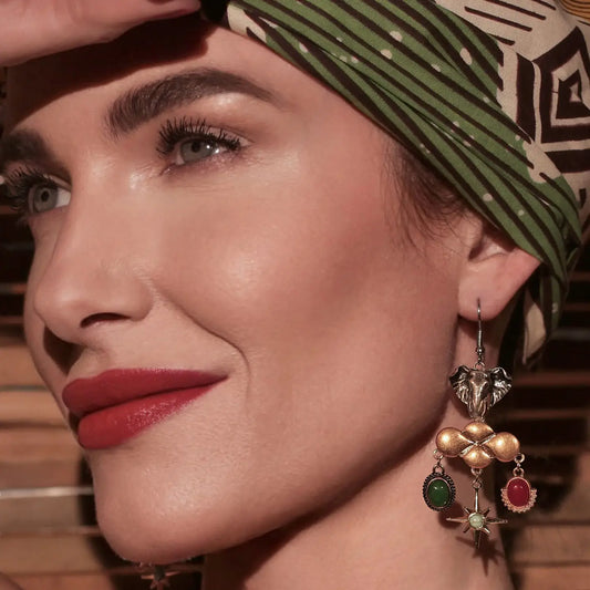 Bill Skinner Statement Elephant Charm Drop Earrings featuring sculpted elephant head, cascading colorful charms, and playful artistic design.
