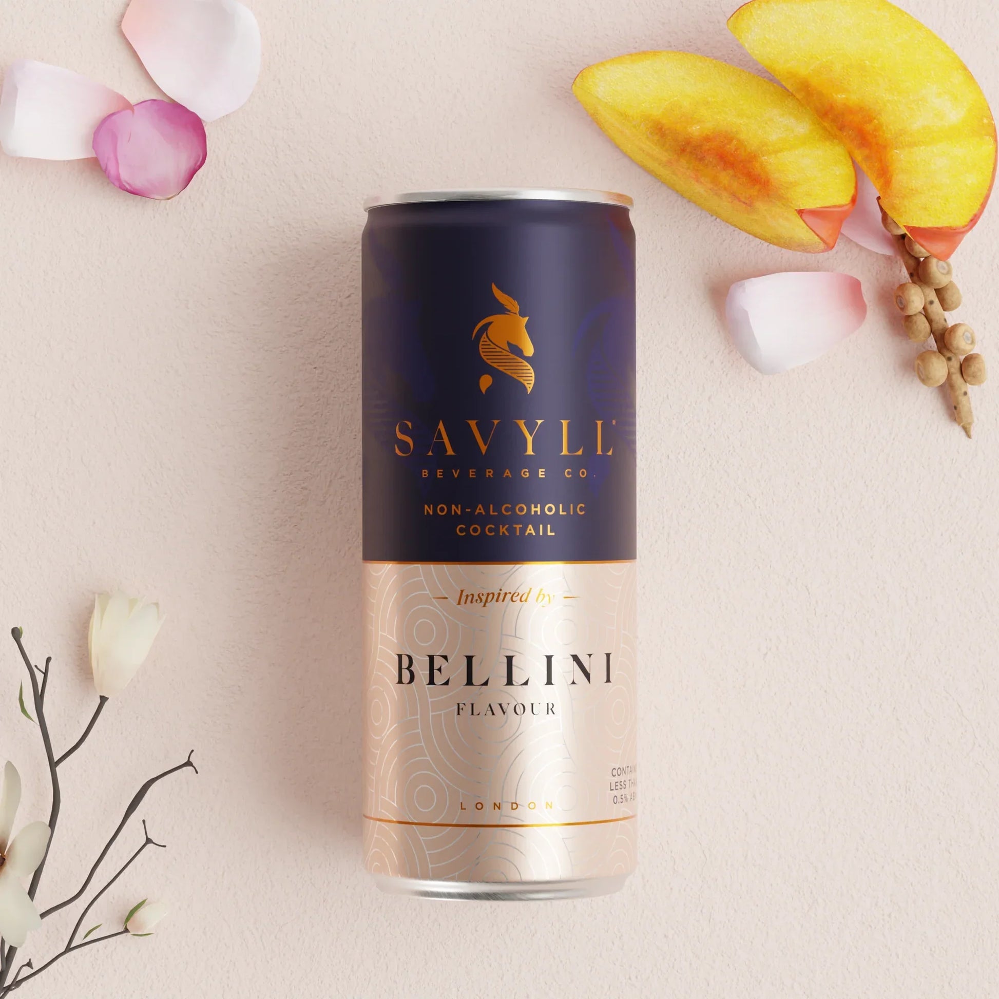 Non-alcohol Bellini cocktail in a can with peach and floral accents, Savyll brand.