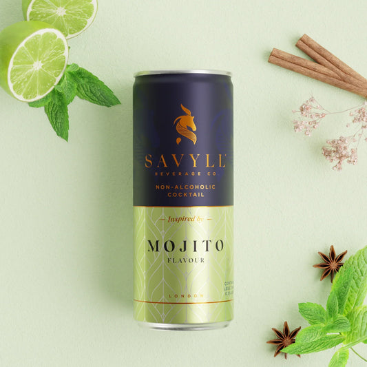 Savyll - Non-Alcoholic Mojito can with lime and mint garnish.