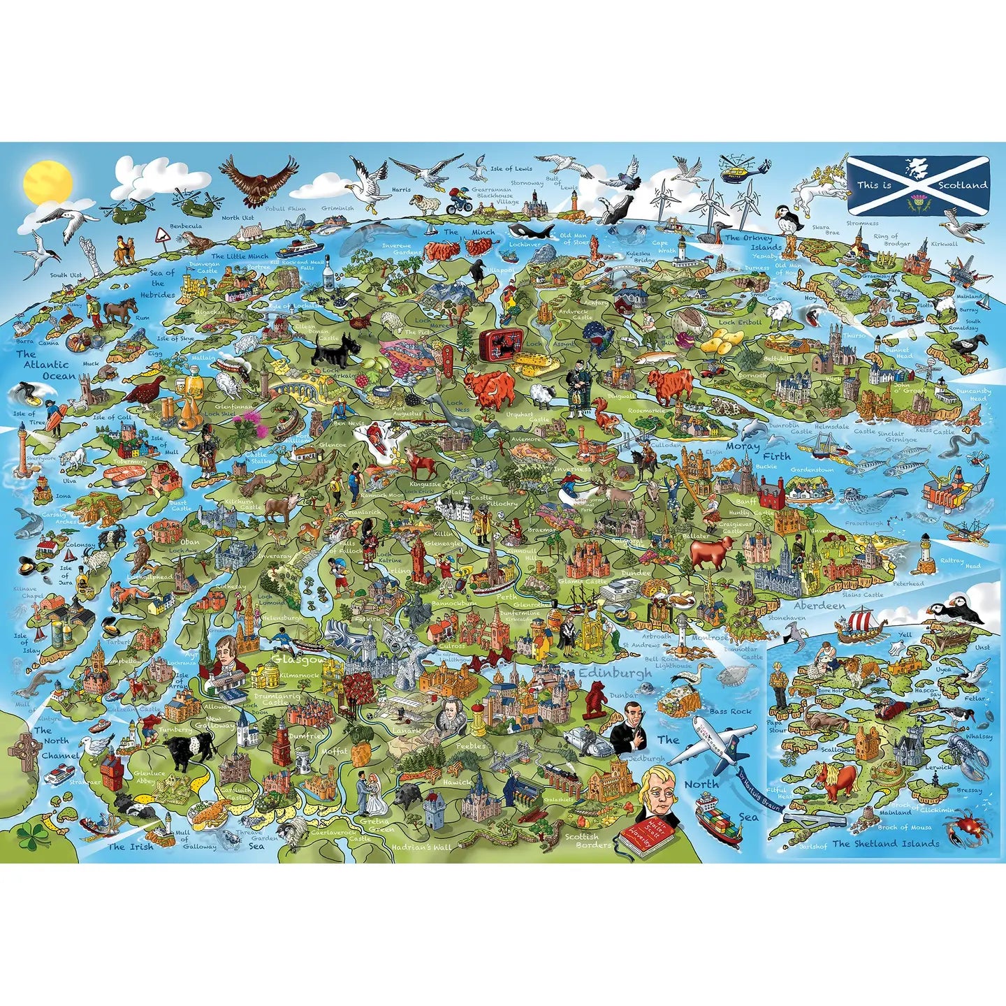1000-piece Scotland jigsaw puzzle illustrated by Hartwig Braun featuring landmarks, Highlands scenery and iconic Scottish symbols.
