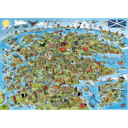 1000-piece Scotland jigsaw puzzle illustrated by Hartwig Braun featuring landmarks, Highlands scenery and iconic Scottish symbols.