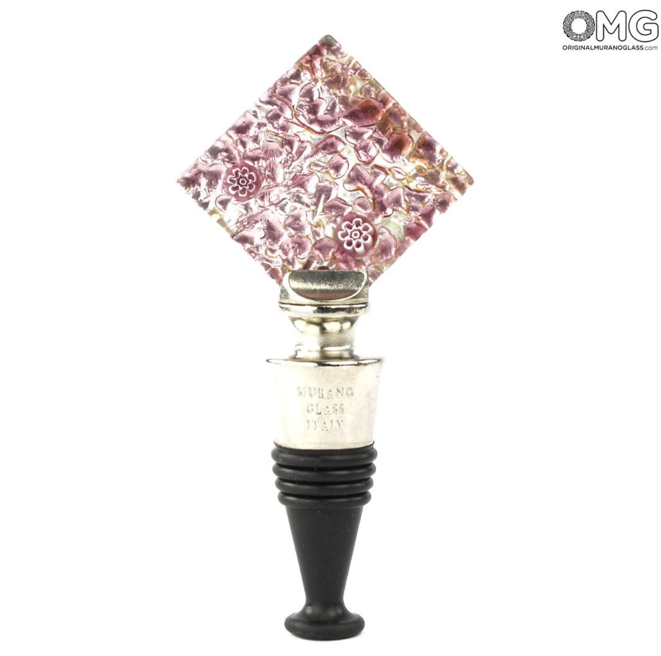 Bottle stopper handmade with pink Murano glass and blue millefiori design.