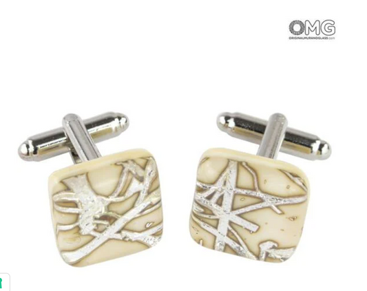 Original Murano Glass cufflinks with white spiral design and silver leaf accents.