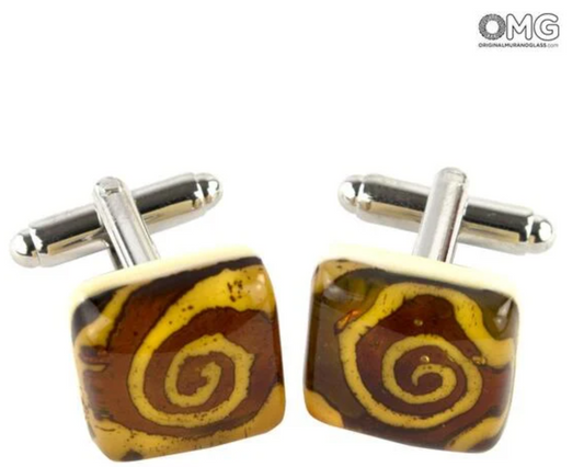 Amber spiral Murano glass cufflinks with silver finish, handmade in Italy.