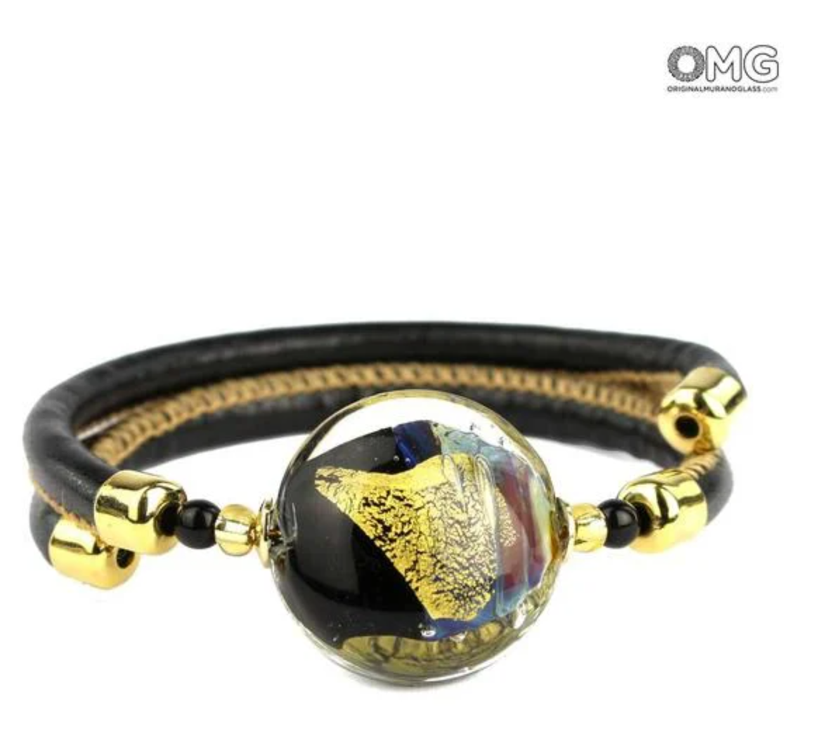 Murano Glass Bracelet with Gold Leaf Chalcedony Beads, Gold Age Design